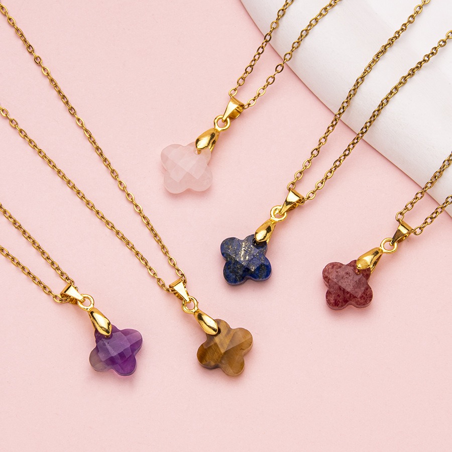 1pc Natural Stone Faceted Four - Red Clover Flower ulasan dan harga